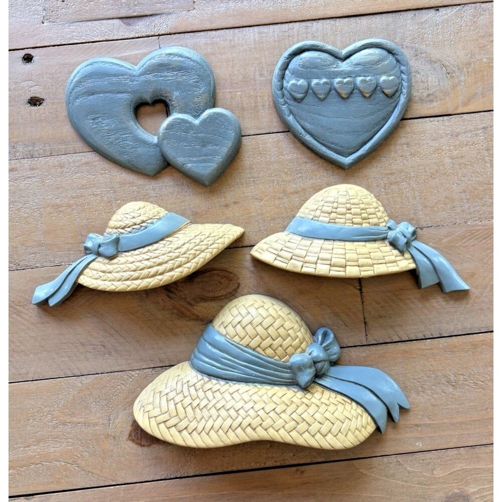 Vintage Burwood Hats with Blue Ribbons and Hearts Set of 5